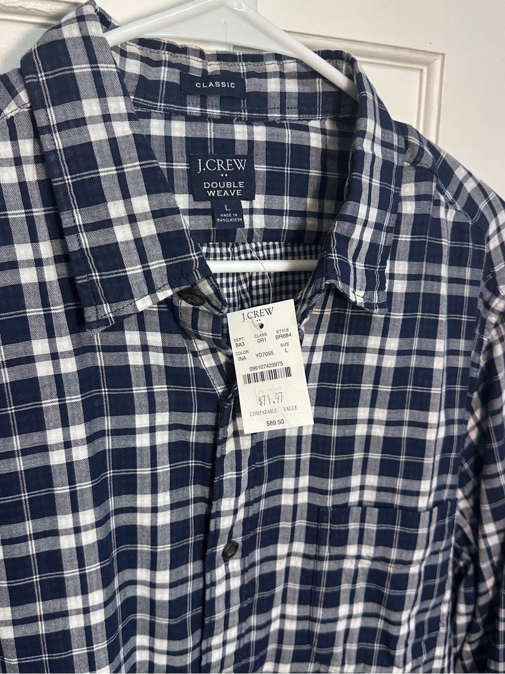 J.Crew Classic Double Weave Navy & White Plaid Shirt NET Men’s Large
